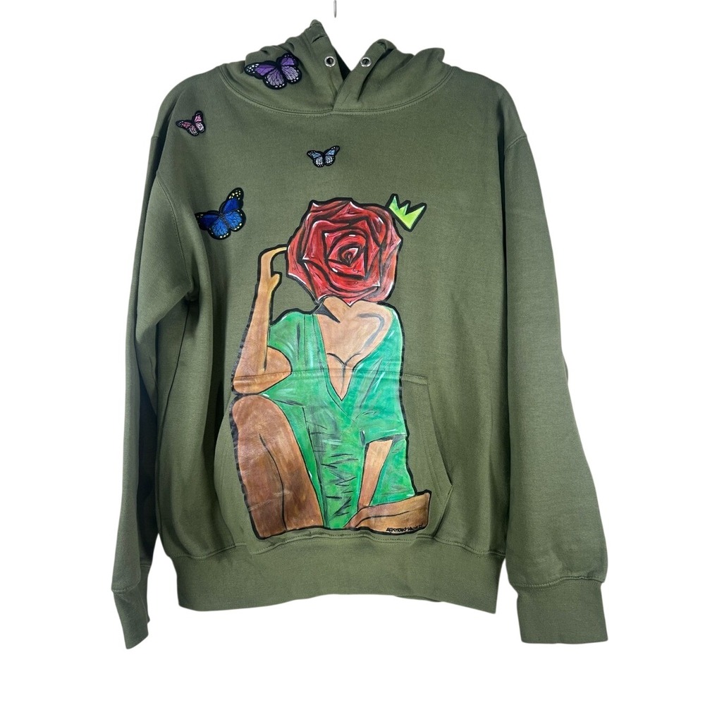ABSTRACTMINDZ‎ Surrealist Rose Graphic Butterfly Hoodie Olive Green Medium